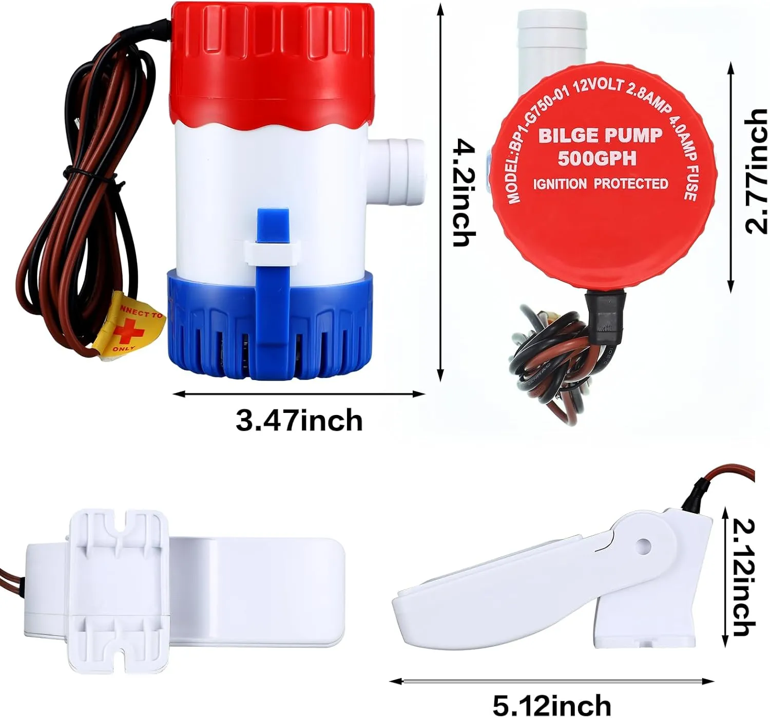 Landhoow Bilge Pump 12V with Float Switch Bilge for Boats DC 12V 24V 32V Portable Marine Electric Boat Water Pump(500 Gph)