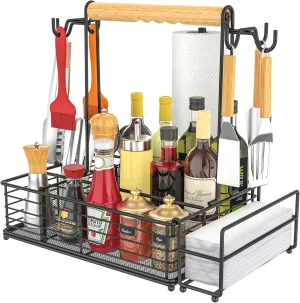 Large Grill Caddy with Paper Towel Holder, Side Hooks, Utensil Holder, Wooden Handle Storage BBQ Tools for Picnic RV Patio Camping Tailgate Essential Kitchen Barbecue Condiment Organizer