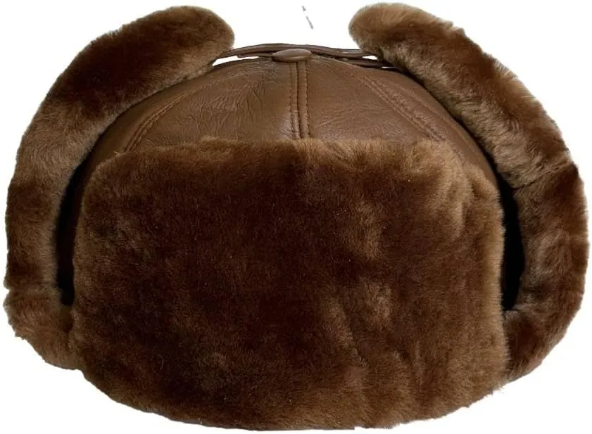 Leather Aviator Russian Ushanka Trapper Shearling Sheepskin Fur Ear Flap Waterproof Winter Hat