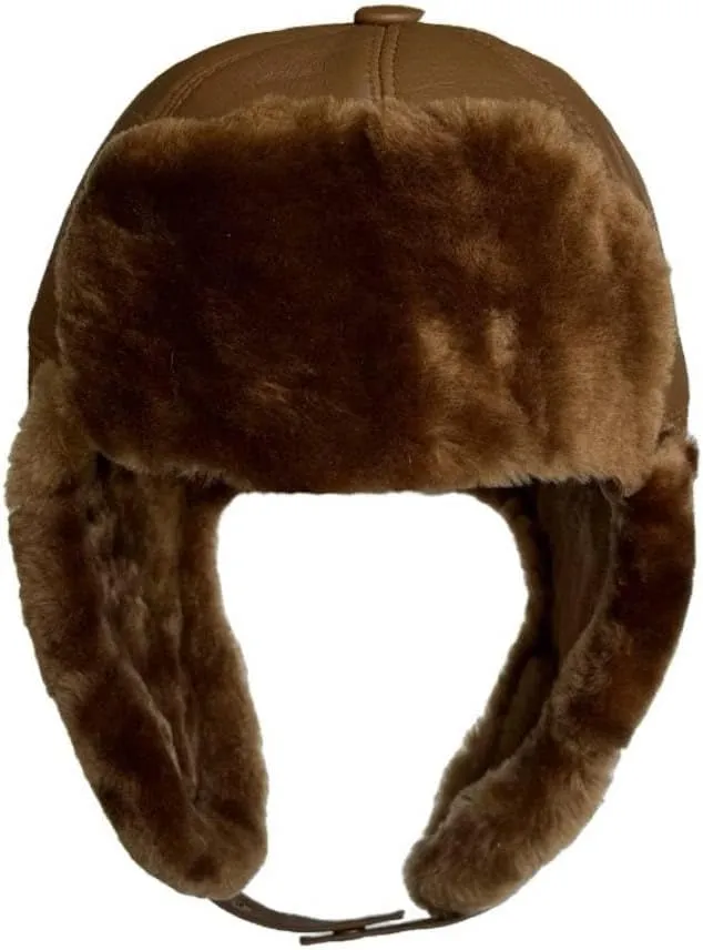 Leather Aviator Russian Ushanka Trapper Shearling Sheepskin Fur Ear Flap Waterproof Winter Hat