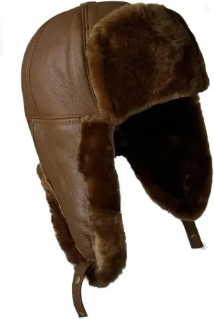Leather Aviator Russian Ushanka Trapper Shearling Sheepskin Fur Ear Flap Waterproof Winter Hat