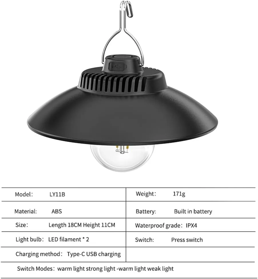 LED Portable Camping Light Typc-C Rechargeable IPX4 Waterproof Hanging Tent Lamp