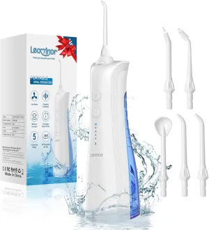 Leominor Water Dental Flosser Pick for Teeth - 5 Modes Cordless Portable Water Teeth Cleaner IPX7 Waterproof Oral Irrigator Rechargeable, Professional Flossing Cleaning Picks for Home Travel (White)