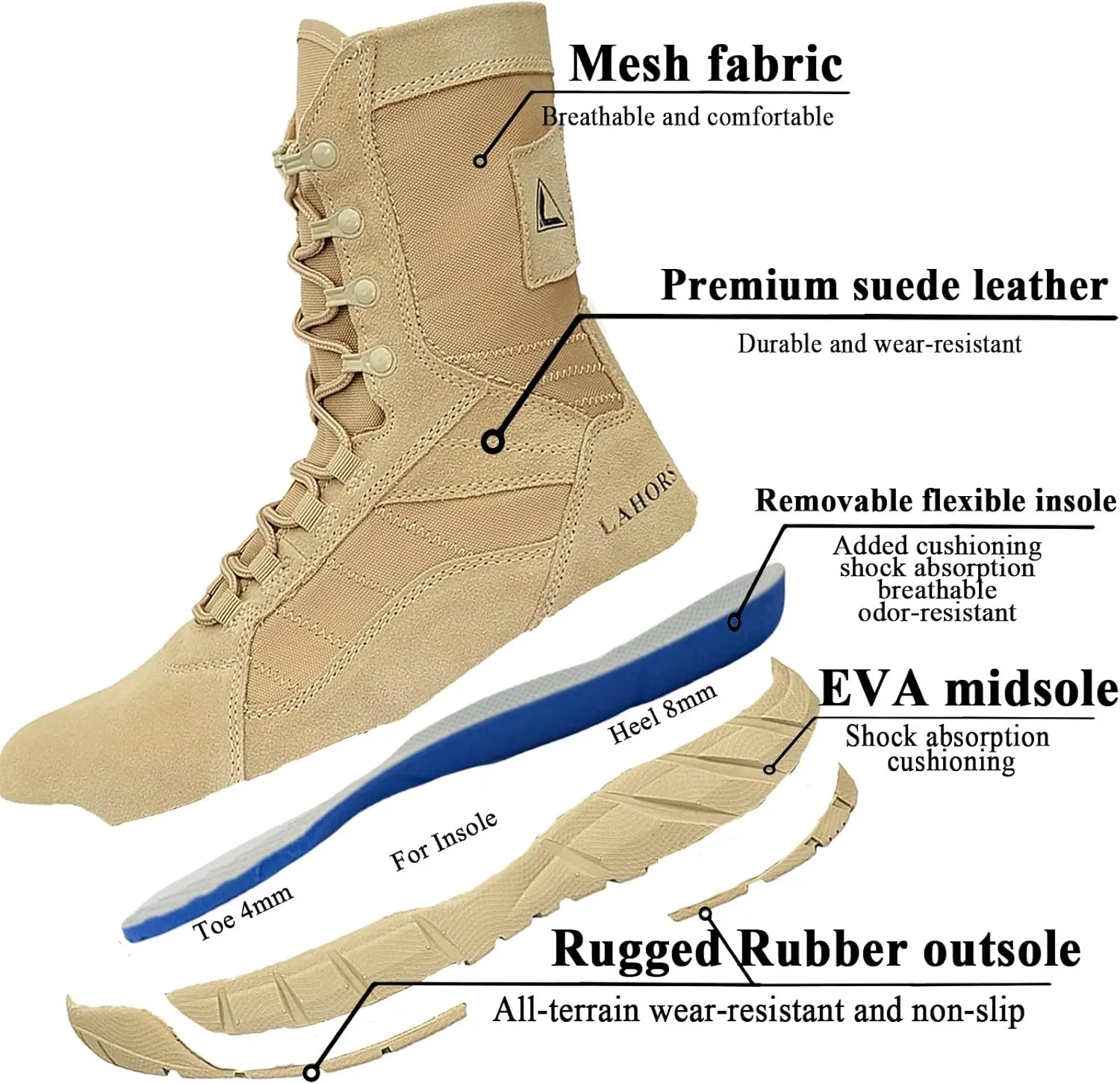 Lightweight Man Tactical Military Boots Combat Boots Anti-Collision Side Zipper Training Lace Up Outdoor Hiking Breathable Shoe