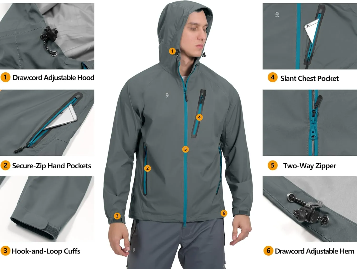 Little Donkey Andy Men's High-performance Waterproof Rain Jacket Ultra Lightweight Rain Shell for Hiking,Golf,Travel