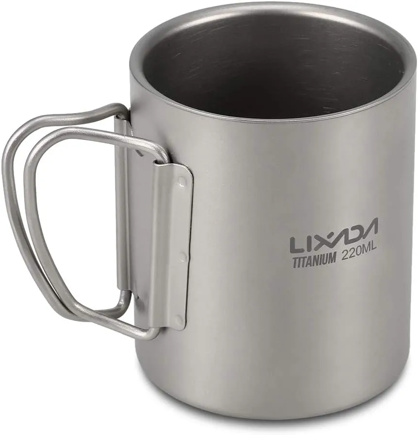 Lixada Camping Titanium Cup 220ml / 450ml Titanium Double Wall Cup Water Coffee Tea Cup Mug with Foldable Handle