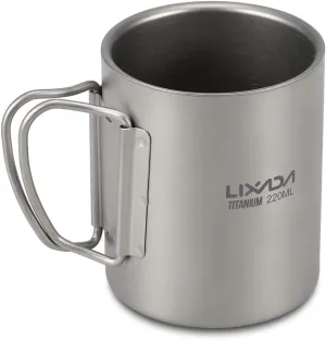 Lixada Camping Titanium Cup 220ml / 450ml Titanium Double Wall Cup Water Coffee Tea Cup Mug with Foldable Handle