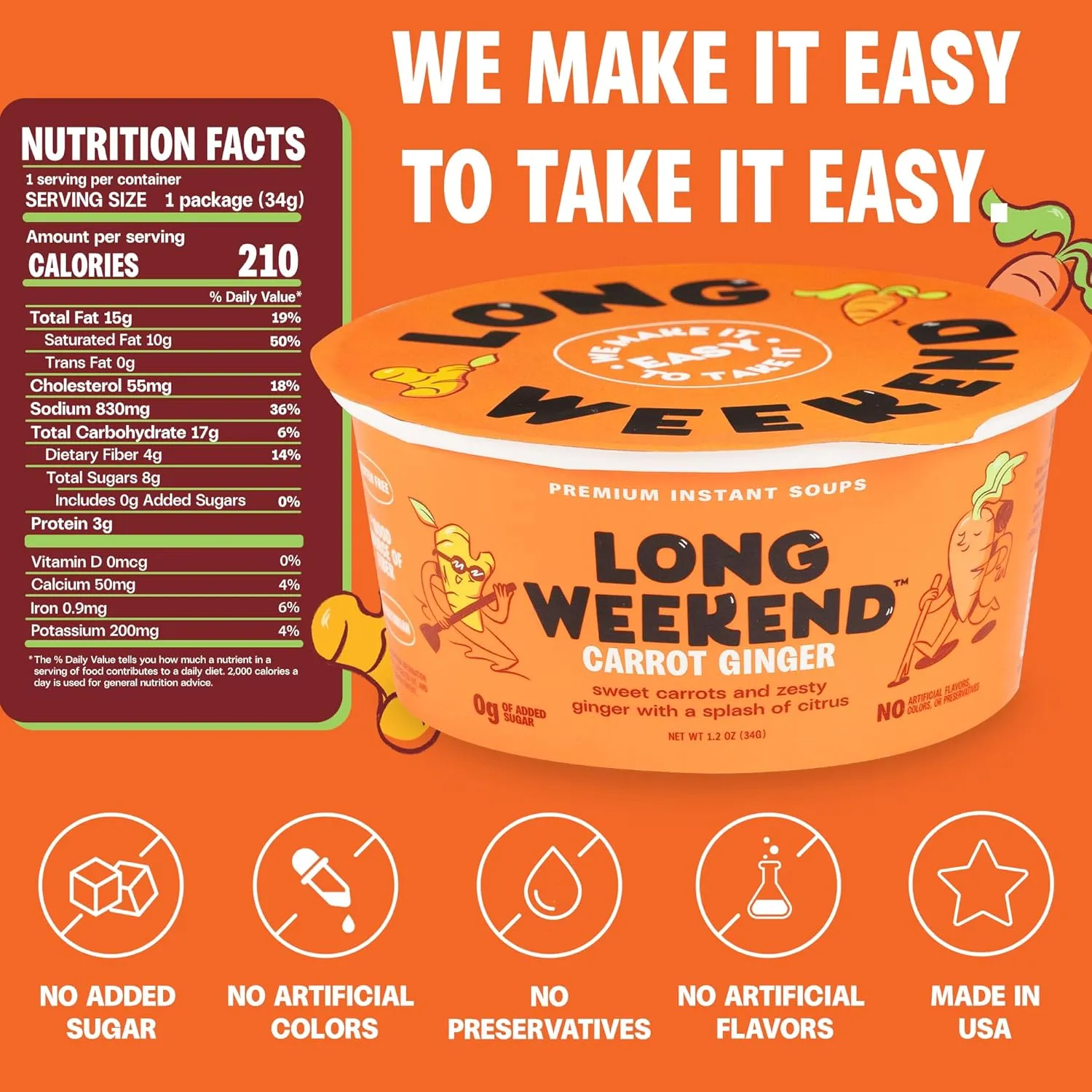 Long Weekend Freeze-Dried Carrot Ginger Soup 6 Pack, Instant Plant-Based Soup with Citrus & Spice, Vegan, Shelf-Stable, Just Add Water – 1.2 oz Cups