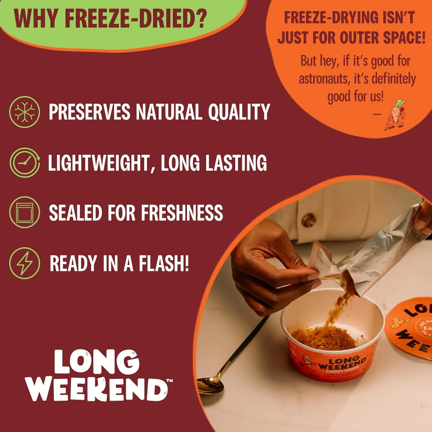 Long Weekend Freeze-Dried Carrot Ginger Soup 6 Pack, Instant Plant-Based Soup with Citrus & Spice, Vegan, Shelf-Stable, Just Add Water – 1.2 oz Cups