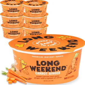 Long Weekend Freeze-Dried Carrot Ginger Soup 6 Pack, Instant Plant-Based Soup with Citrus & Spice, Vegan, Shelf-Stable, Just Add Water – 1.2 oz Cups