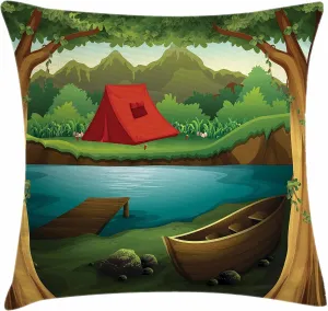 Lunarable Camping Throw Pillow Cushion Cover, Idyllic Nature Scene of a Deep Forest with Lake and Mountains Cartoon Woodland, Decorative Square Accent Pillow Case, 24" X 24", Brown Green