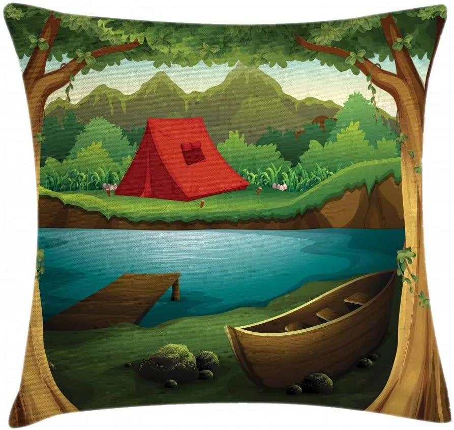 Lunarable Camping Throw Pillow Cushion Cover, Idyllic Nature Scene of a Deep Forest with Lake and Mountains Cartoon Woodland, Decorative Square Accent Pillow Case, 24" X 24", Brown Green