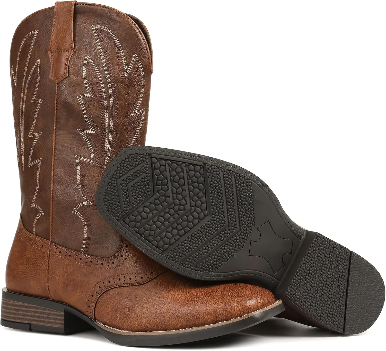 Lyrisiphy Cowboy Boots for Men Western Boots Durable Work Boots Square Toe Embroidered Traditional Country Boots Pull On Slip Resistant Boots
