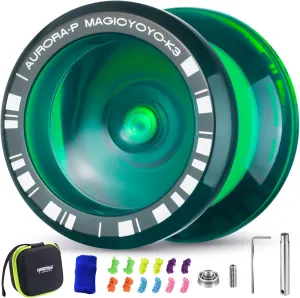 MAGICYOYO Crystal YoYo K3 Aurora-p, Responsive Yoyo for Kids, Pro Finger Spin Trick Yo yo for Advanced, with Unresponsive Yoyo Bearing with 12 Yoyo Strings   Square Yo-yo Ball Bag (Dark Green)