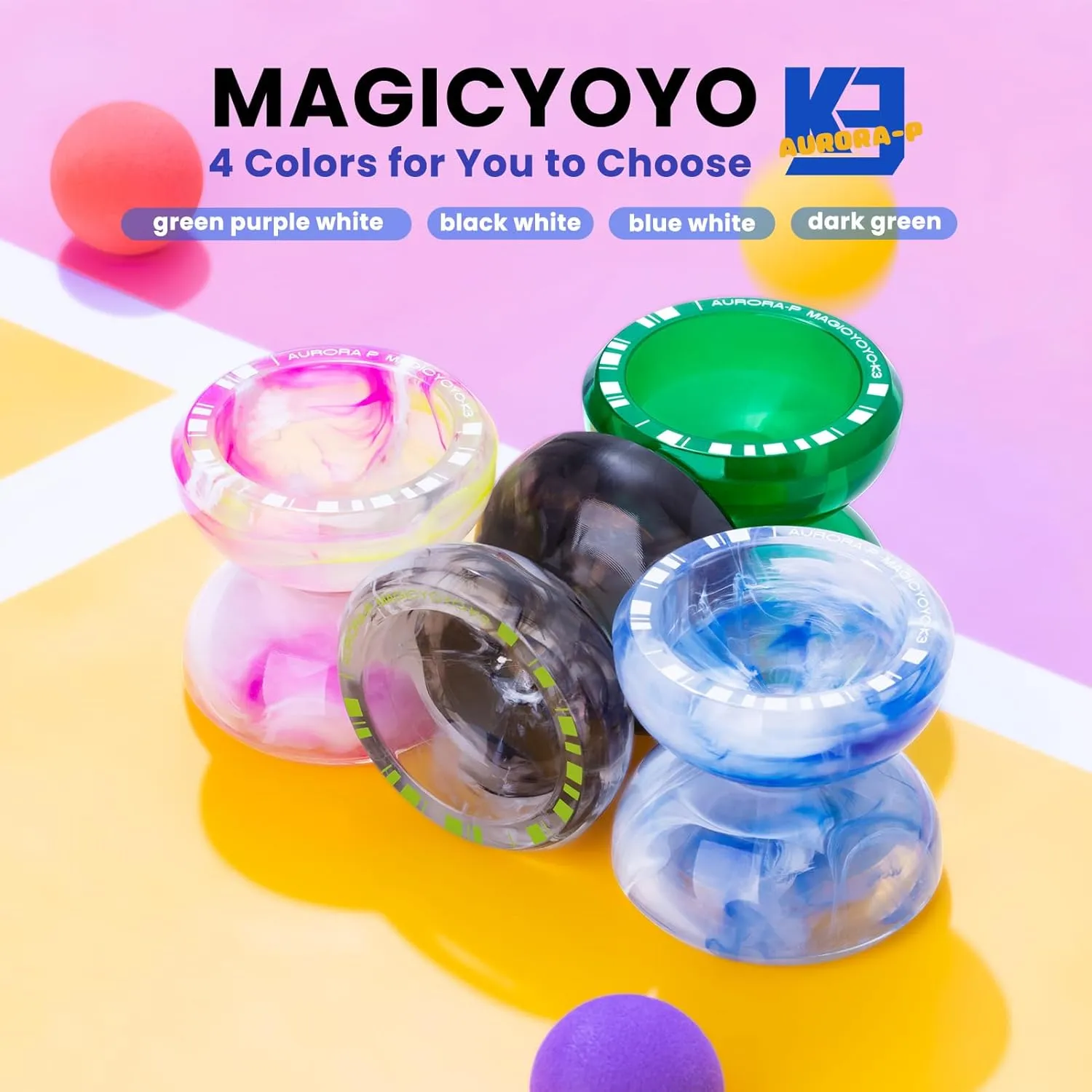 MAGICYOYO Crystal YoYo K3 Aurora-p, Responsive Yoyo for Kids, Pro Finger Spin Trick Yo yo for Advanced, with Unresponsive Yoyo Bearing with 12 Yoyo Strings   Square Yo-yo Ball Bag (Dark Green)