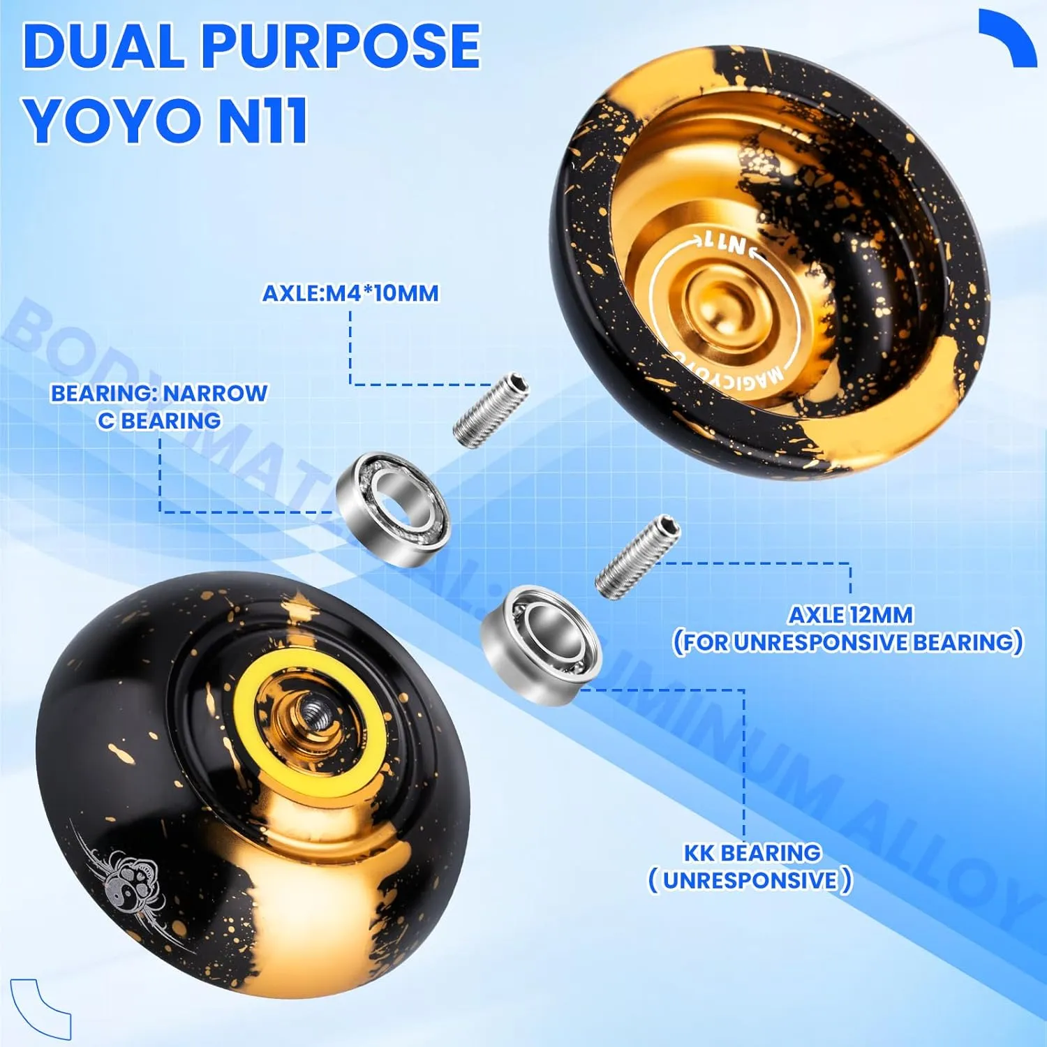 MAGICYOYO Professional YoYo for Kids, Pack of 2 Yoyos, Unresponsive Yoyo N11 and Responsive Yoyo K2, Dual Purpose Yo-yo for Beginner/Advanced, Extra 12 Yo-yo Strings   Case Bag   Bearing Kit