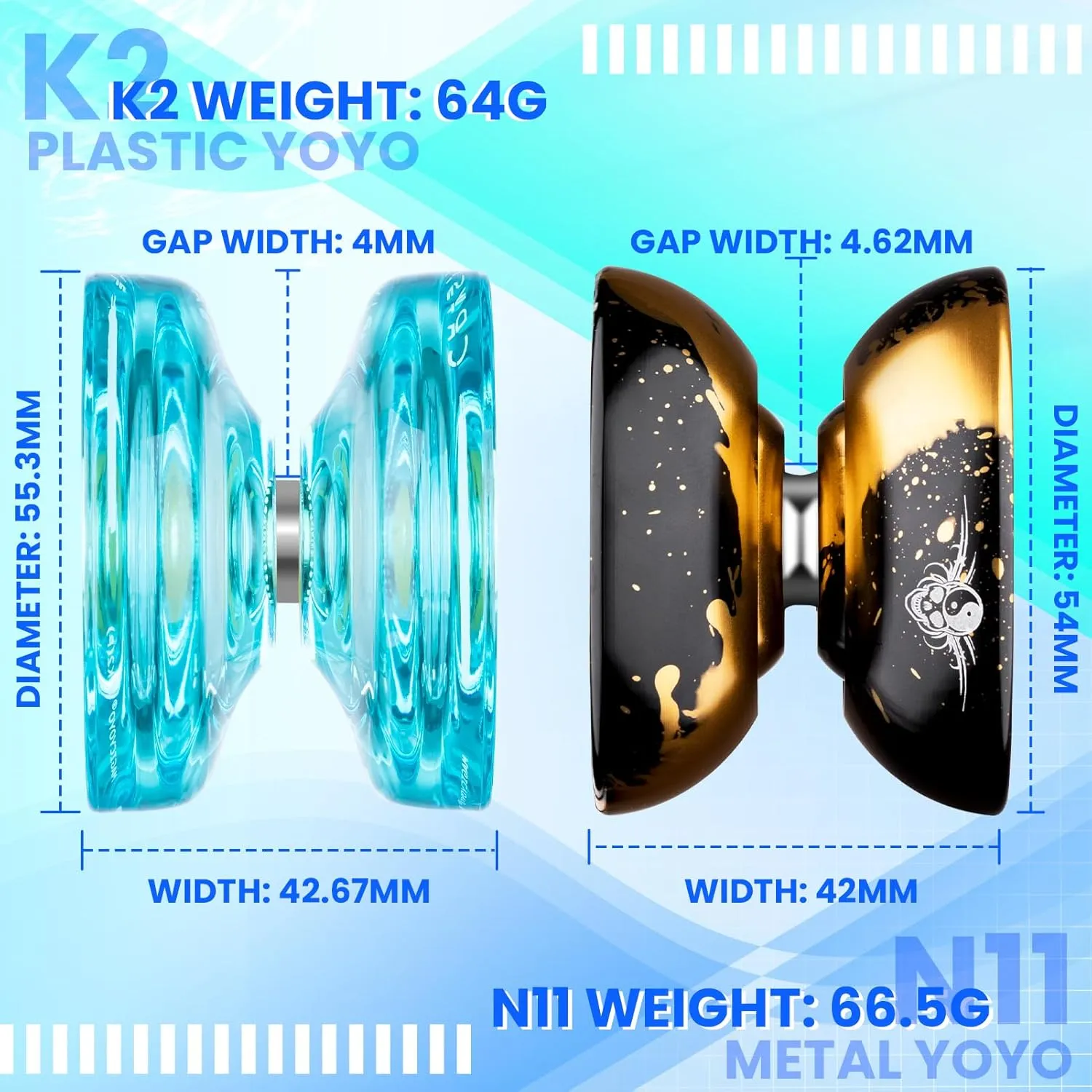 MAGICYOYO Professional YoYo for Kids, Pack of 2 Yoyos, Unresponsive Yoyo N11 and Responsive Yoyo K2, Dual Purpose Yo-yo for Beginner/Advanced, Extra 12 Yo-yo Strings   Case Bag   Bearing Kit