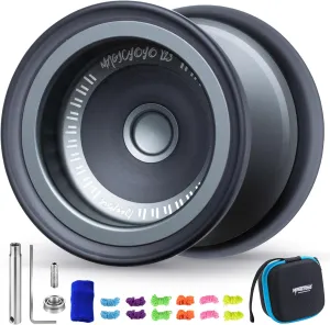 MAGICYOYO V13 Bi-Material Yoyo for Kids 8-12, Dual-Function Yoyo Professional for Responsive and Unresponsive Yo-yo Tricks with 12 Yoyos Strings, Blue Finger Brace, Bearing Kit (Grey Black Rings)