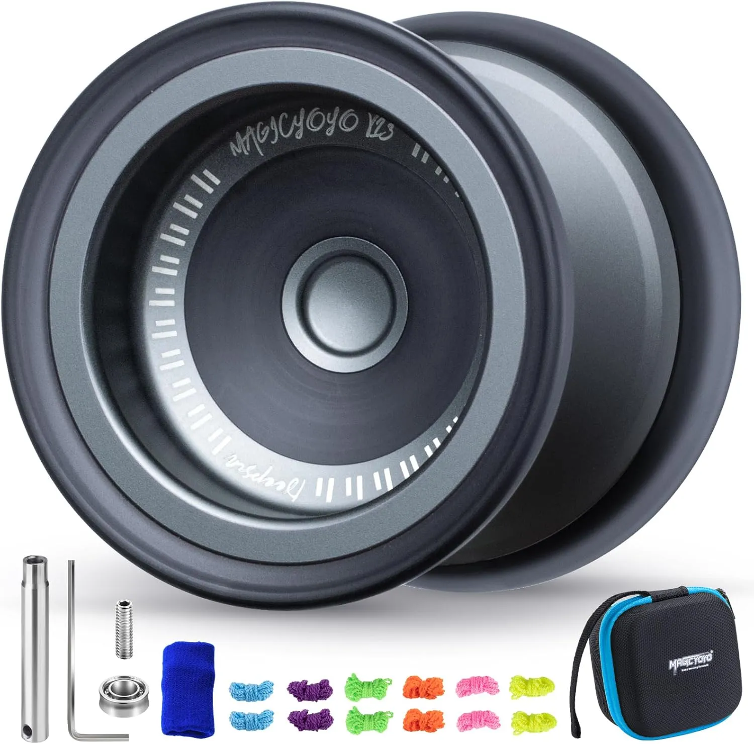 MAGICYOYO V13 Bi-Material Yoyo for Kids 8-12, Dual-Function Yoyo Professional for Responsive and Unresponsive Yo-yo Tricks with 12 Yoyos Strings, Blue Finger Brace, Bearing Kit (Grey Black Rings)