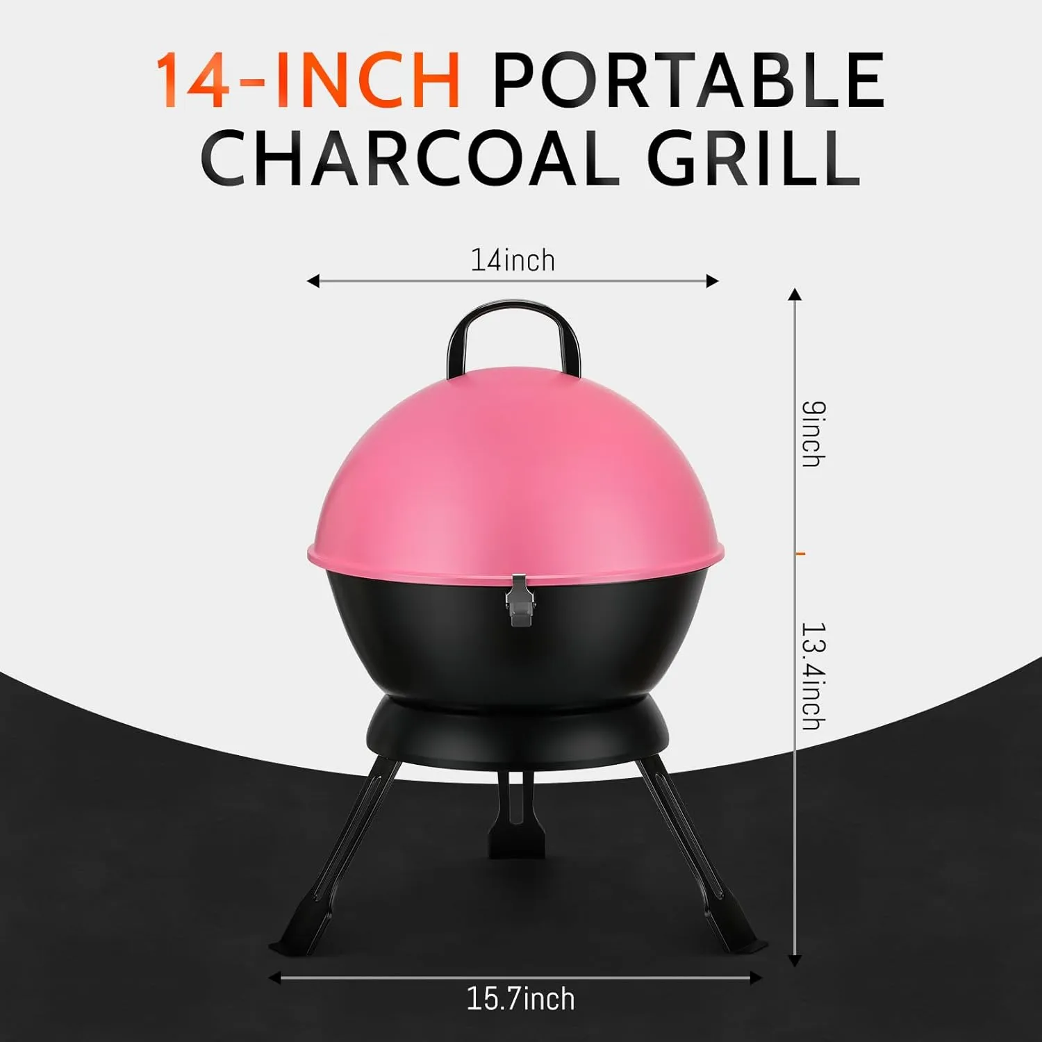 MBY 14 inch Portable Barbecue Grill with Dual Venting System, Small Foldable Charcoal Grill with Warming Rack for Picnic, Camping, Backyard-Pink