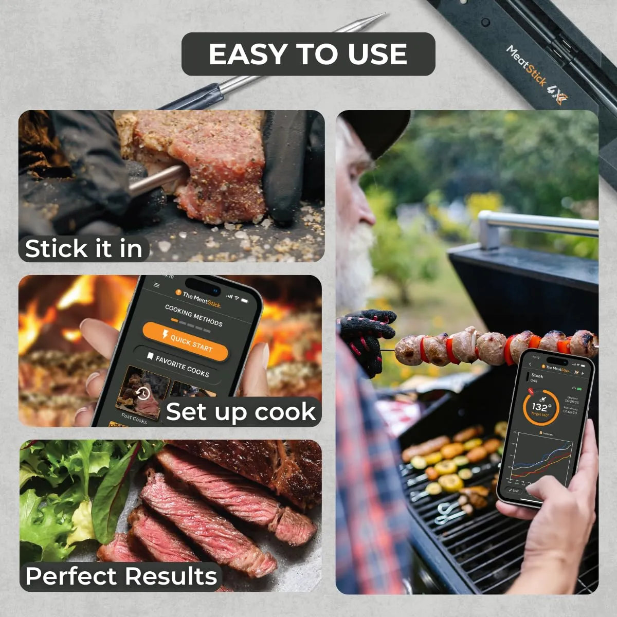 MeatStick 4X Wireless Meat Thermometer for Grilling and Smoking, Bluetooth Temperature Probe with 4 Sensors, 650ft  Range for BBQ, Smoker, Oven