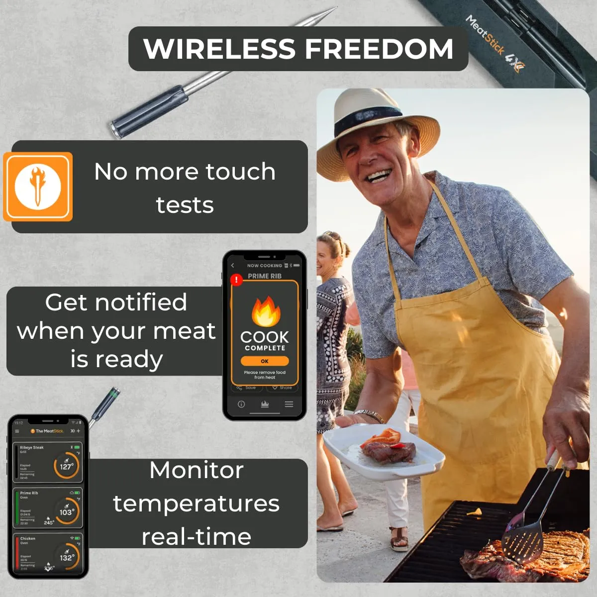 MeatStick 4X Wireless Meat Thermometer for Grilling and Smoking, Bluetooth Temperature Probe with 4 Sensors, 650ft  Range for BBQ, Smoker, Oven