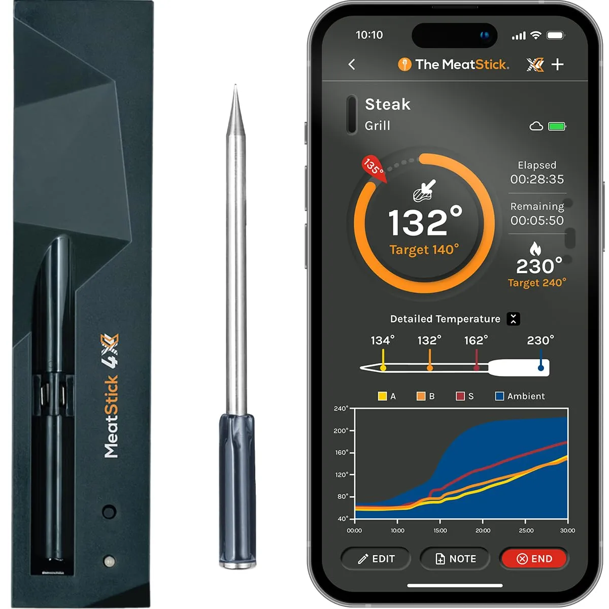 MeatStick 4X Wireless Meat Thermometer for Grilling and Smoking, Bluetooth Temperature Probe with 4 Sensors, 650ft  Range for BBQ, Smoker, Oven