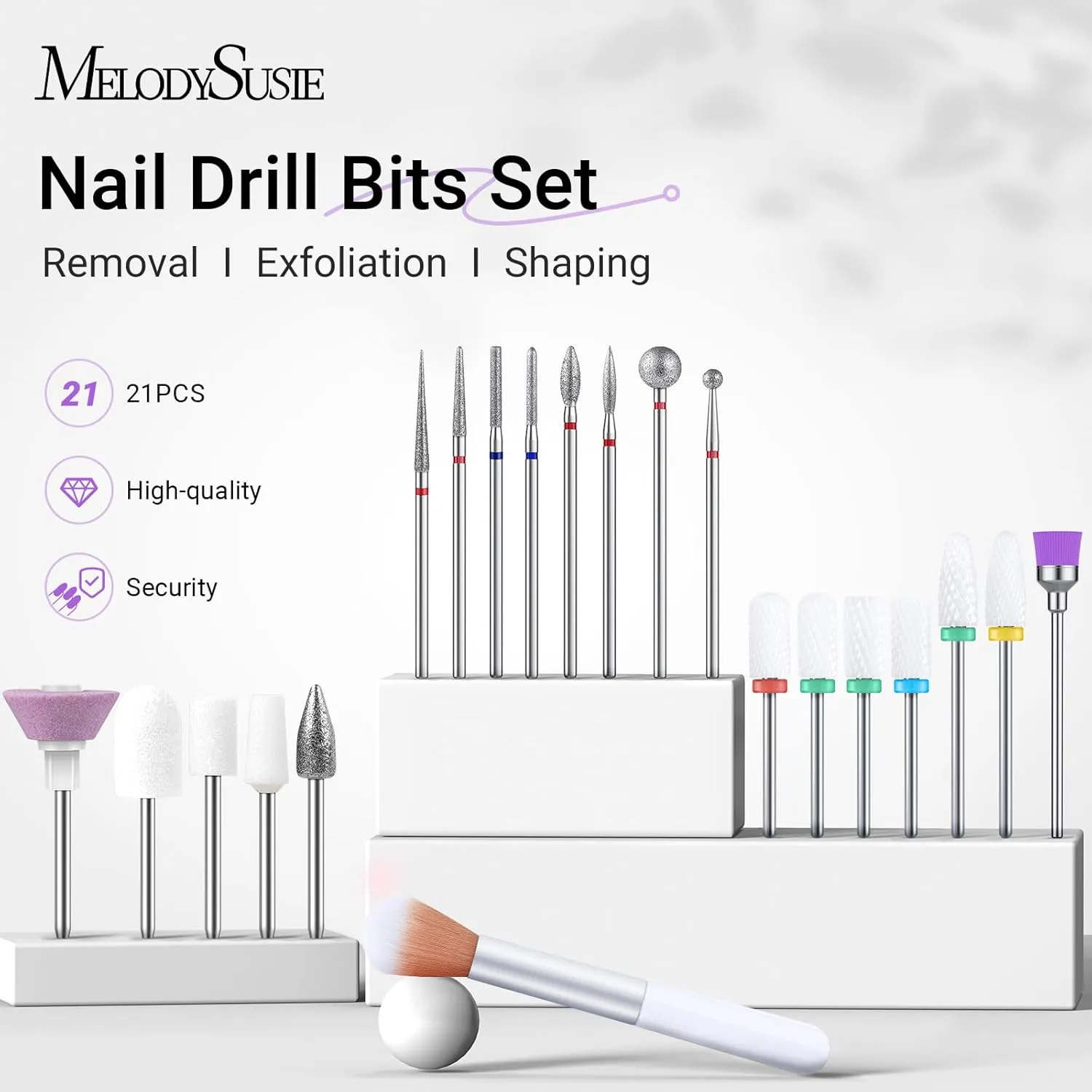 MelodySusie 21pcs Nail Drill Bit Set with Portable Holder Case, 3/32'' Ceramic Diamond Carbide Acrylic Gel Nail Art Tool Kit, Cuticle Remover Bit for Acrylic Dip Powder, Manicure Pedicure, Salon Home