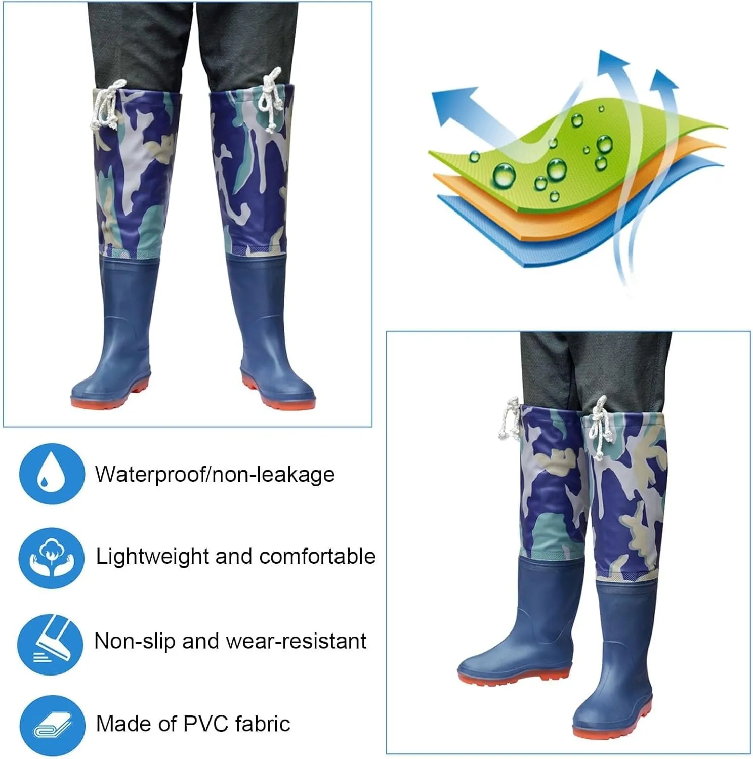 Men Waders Boots Lightweight PVC Waterproof Fishing Boots 60cm Knee High Wader Boots for Outdoor Swamp Stream Hiking，Comfortable And No Leaks