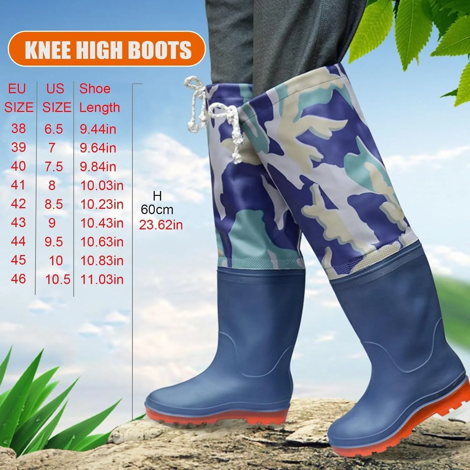 Men Waders Boots Lightweight PVC Waterproof Fishing Boots 60cm Knee High Wader Boots for Outdoor Swamp Stream Hiking，Comfortable And No Leaks