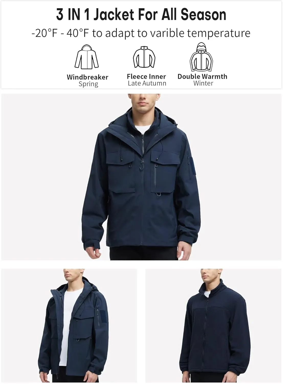 Men's 3 in 1 Waterproof Winter Ski Jackets Warm Windbreaker Snow Rain Coat Thermal Fleece Liner Hood