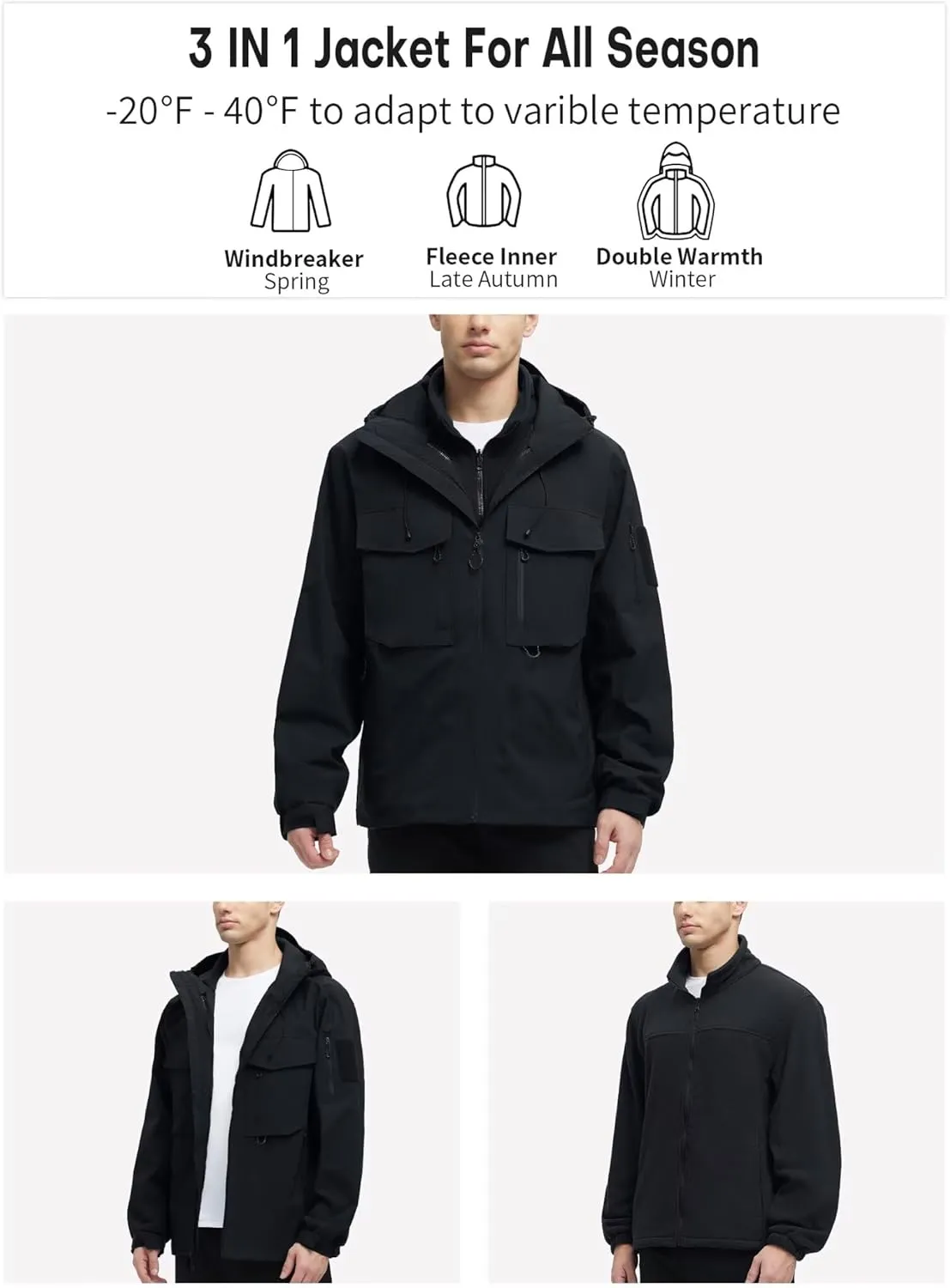 Men's 3 in 1 Waterproof Winter Ski Jackets Warm Windbreaker Snow Rain Coat Thermal Fleece Liner Hood