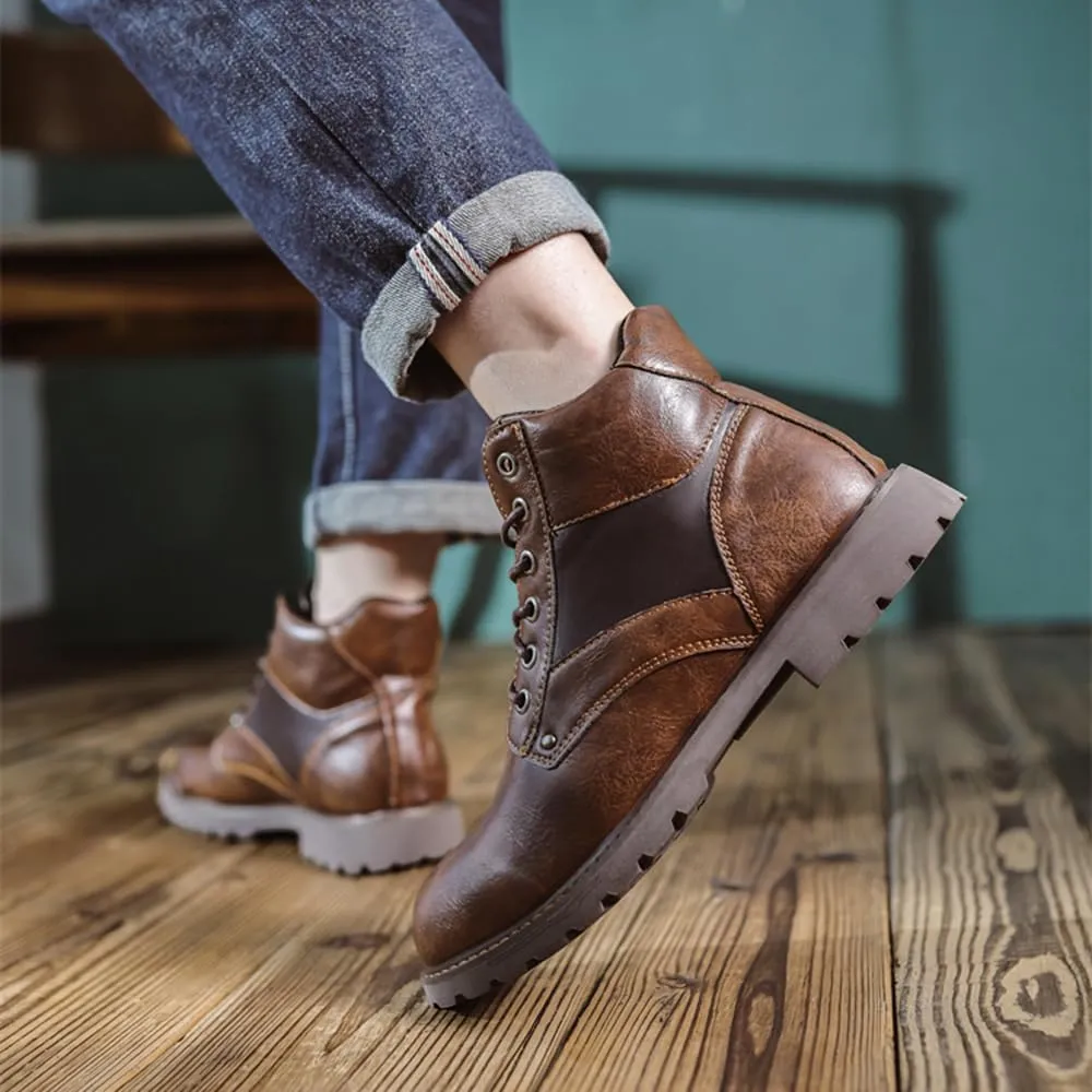 Mens Black Boots Platform Lace Up Motorcycle Boots PU Leather Combat Boots for Business Casual