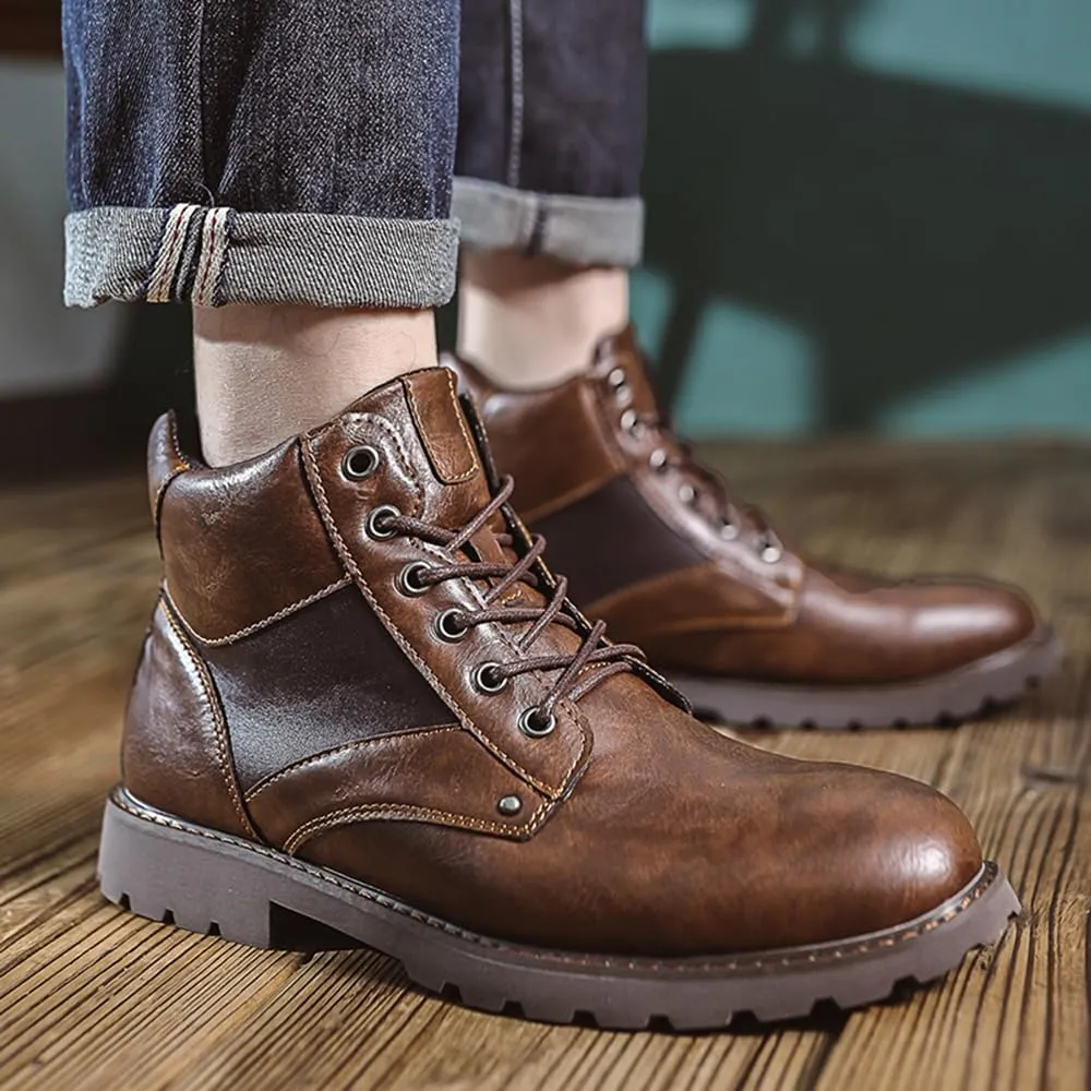 Mens Black Boots Platform Lace Up Motorcycle Boots PU Leather Combat Boots for Business Casual
