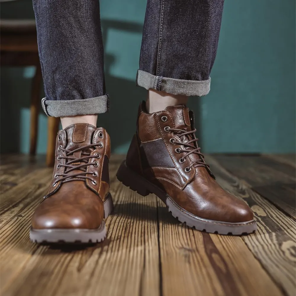 Mens Black Boots Platform Lace Up Motorcycle Boots PU Leather Combat Boots for Business Casual