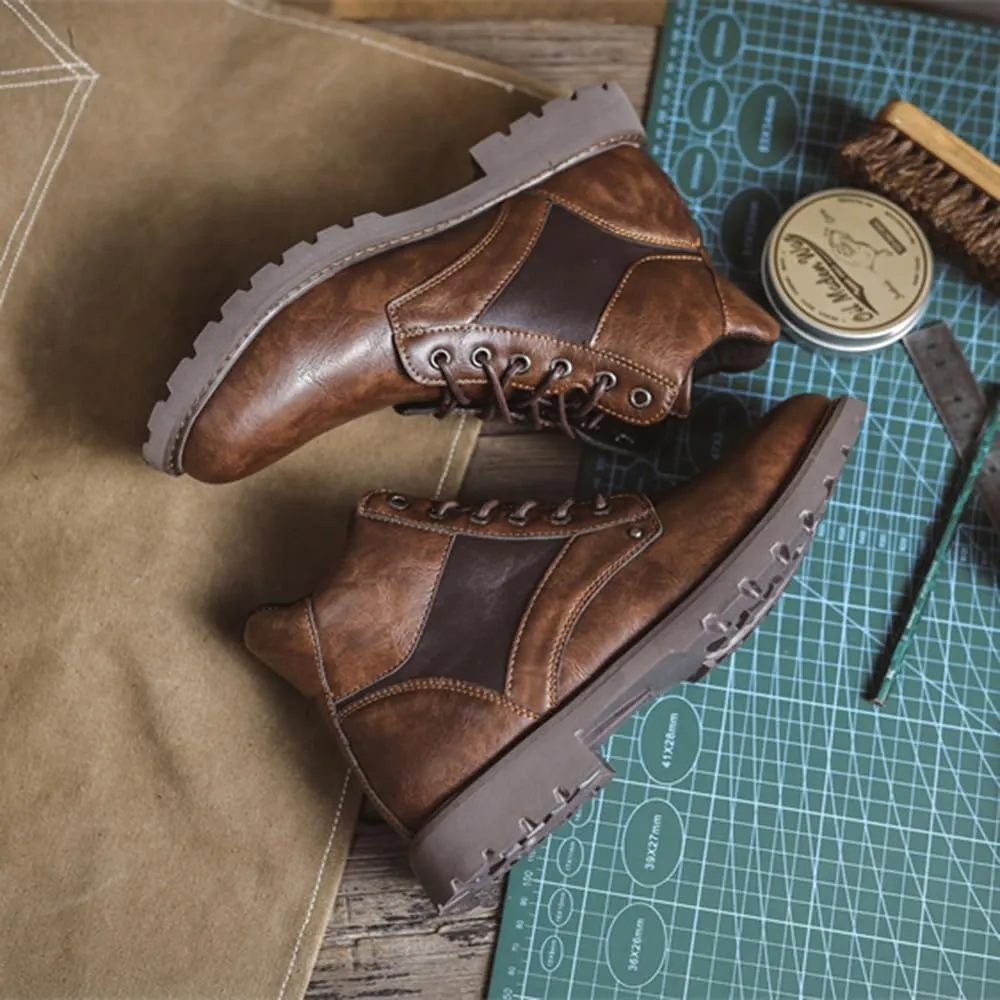 Mens Black Boots Platform Lace Up Motorcycle Boots PU Leather Combat Boots for Business Casual