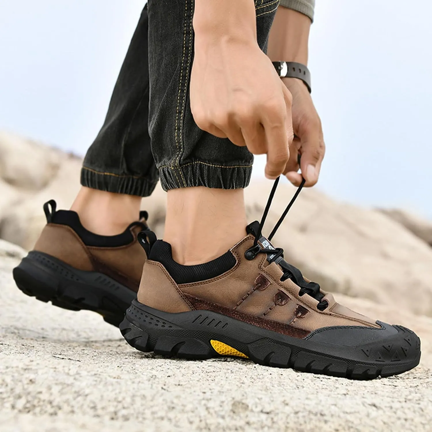 Men's Fashion Hiking Shoes Comfort Platform Anti-Collision Toe Cap Lace-Up Anti-Slip Wear-Resistant Sneakers for Trail Travel Outdoor
