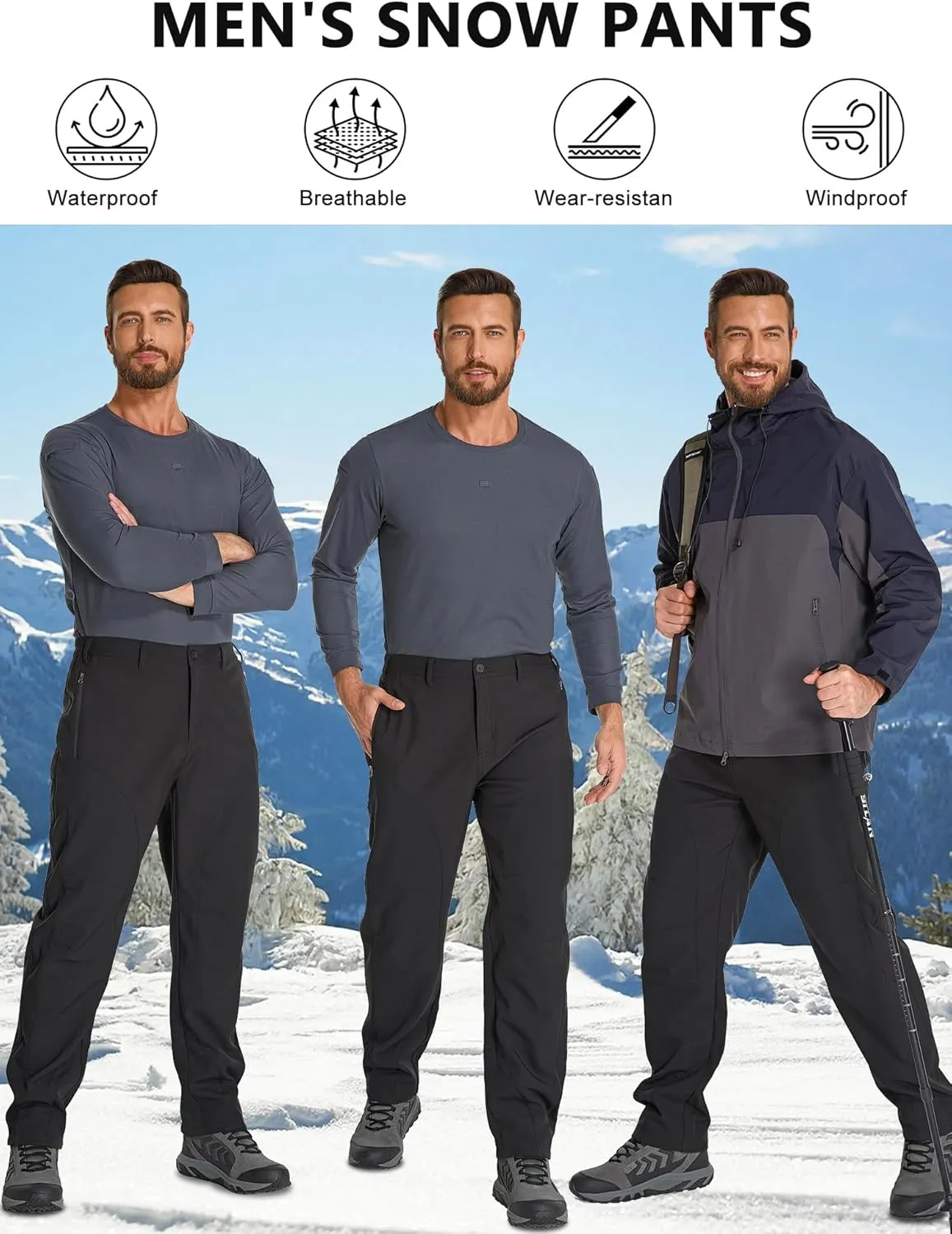 Mens Hiking Snow Pants Skiing Winter Fleece Lined Water Repellent Softshell Pants Outdoor Camping Walking Fishing