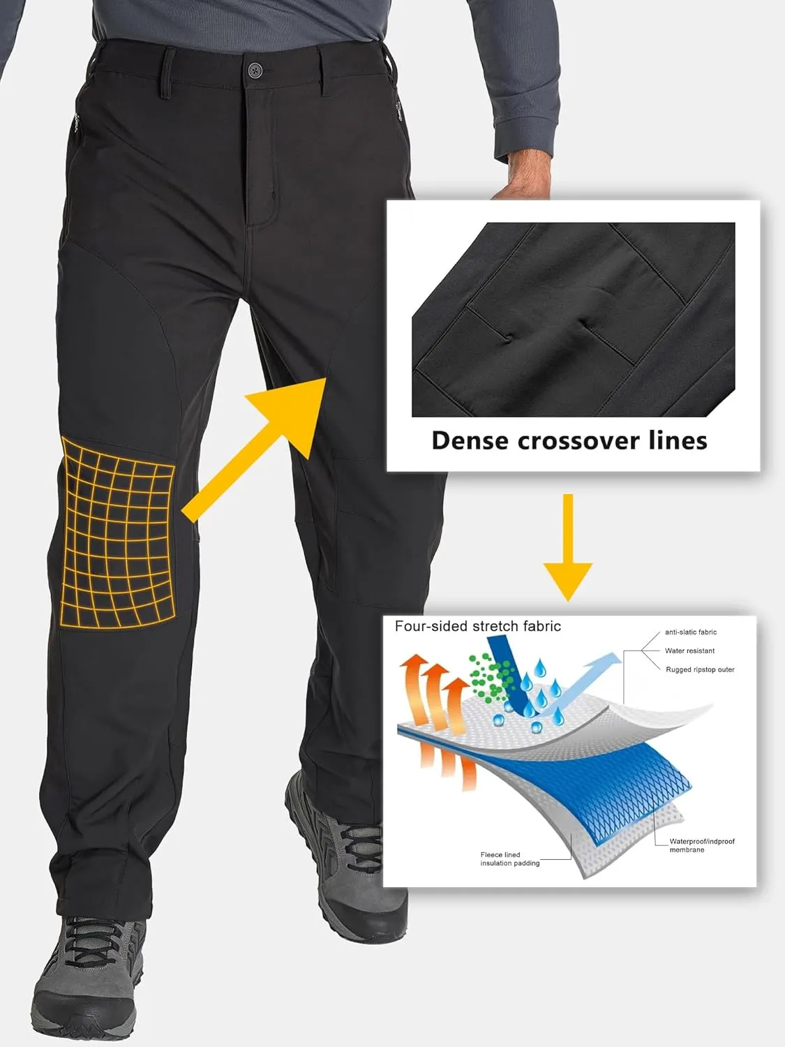 Mens Hiking Snow Pants Skiing Winter Fleece Lined Water Repellent Softshell Pants Outdoor Camping Walking Fishing