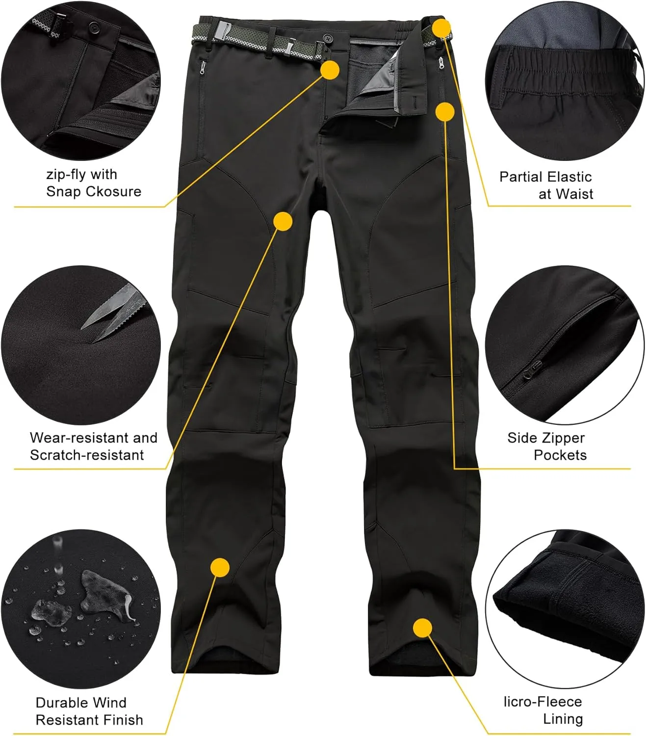 Mens Hiking Snow Pants Skiing Winter Fleece Lined Water Repellent Softshell Pants Outdoor Camping Walking Fishing