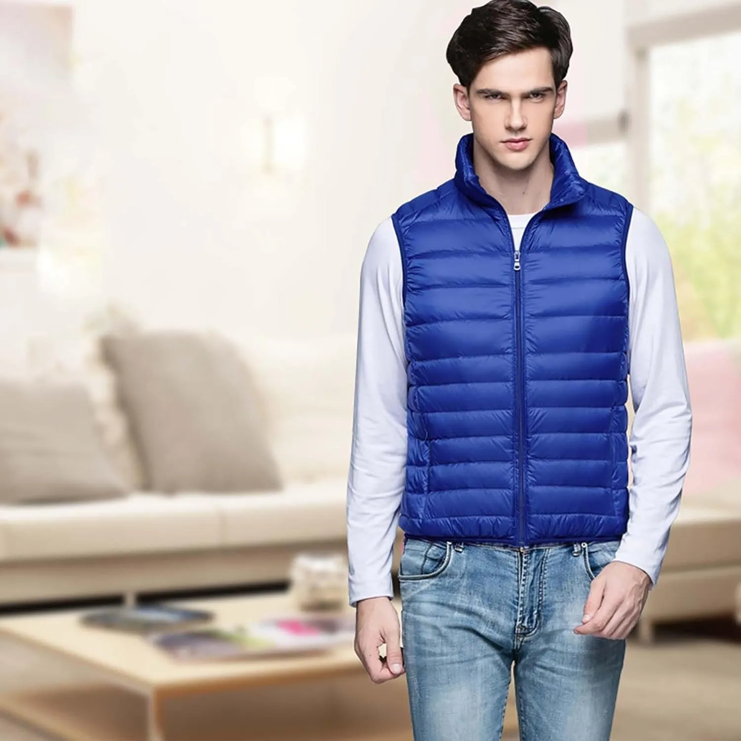 Men's Lightweight Puffer Vest Packable Warm Quilted Sleeveless Jacket Coats Waterproof Plain Outerwear for Work