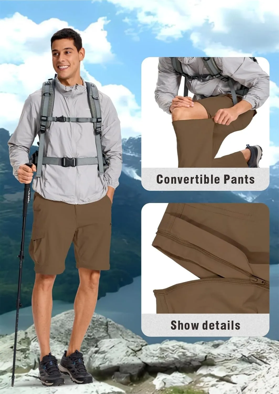 Mens Outdoor Hiking Pants Convertible Lightweight Water Resistant Quick Dry Zip Off Fishing Travel Camping Tactical Pants