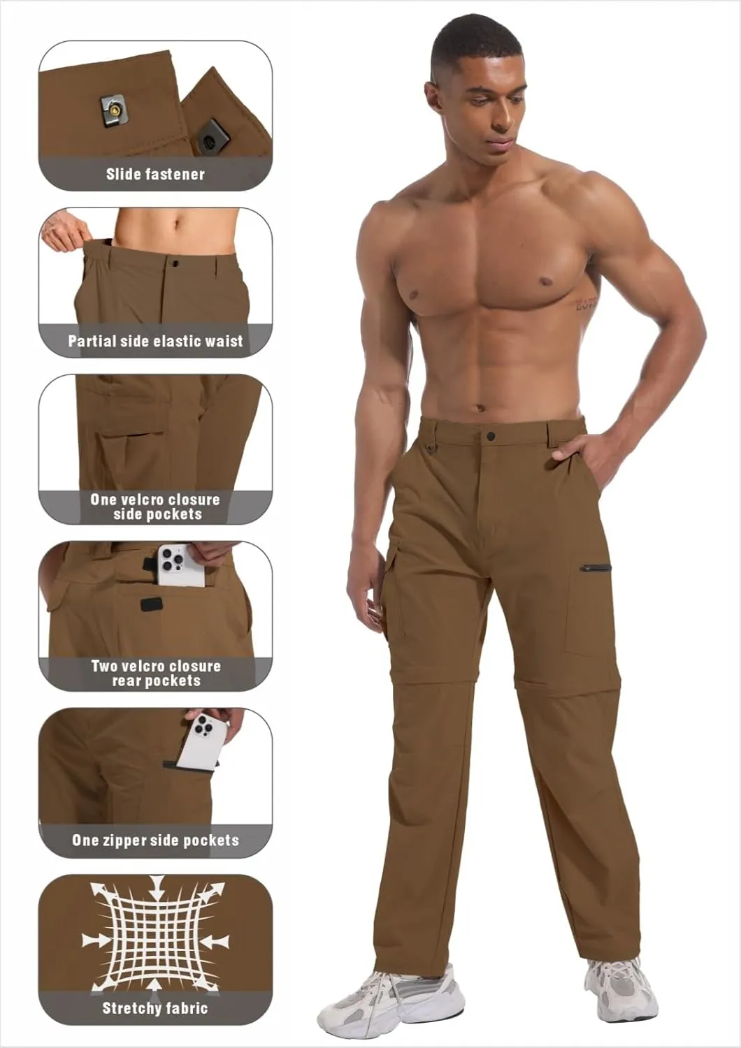 Mens Outdoor Hiking Pants Convertible Lightweight Water Resistant Quick Dry Zip Off Fishing Travel Camping Tactical Pants