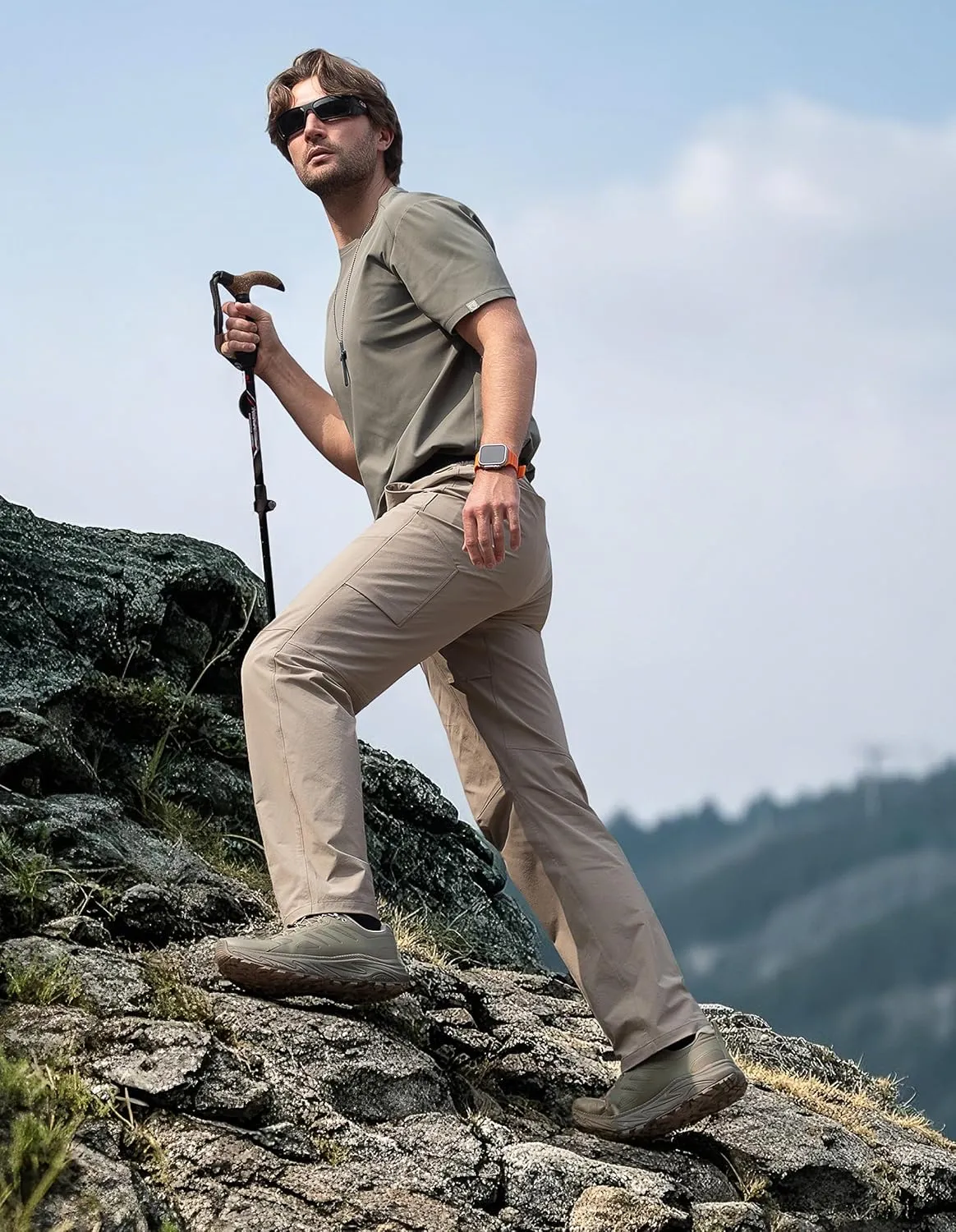 Men's Quick Dry Hiking Pants, Water-Resistant Lightweight Stretch Cargo Pants, Elastic Waist Work Pants with 7 Pockets