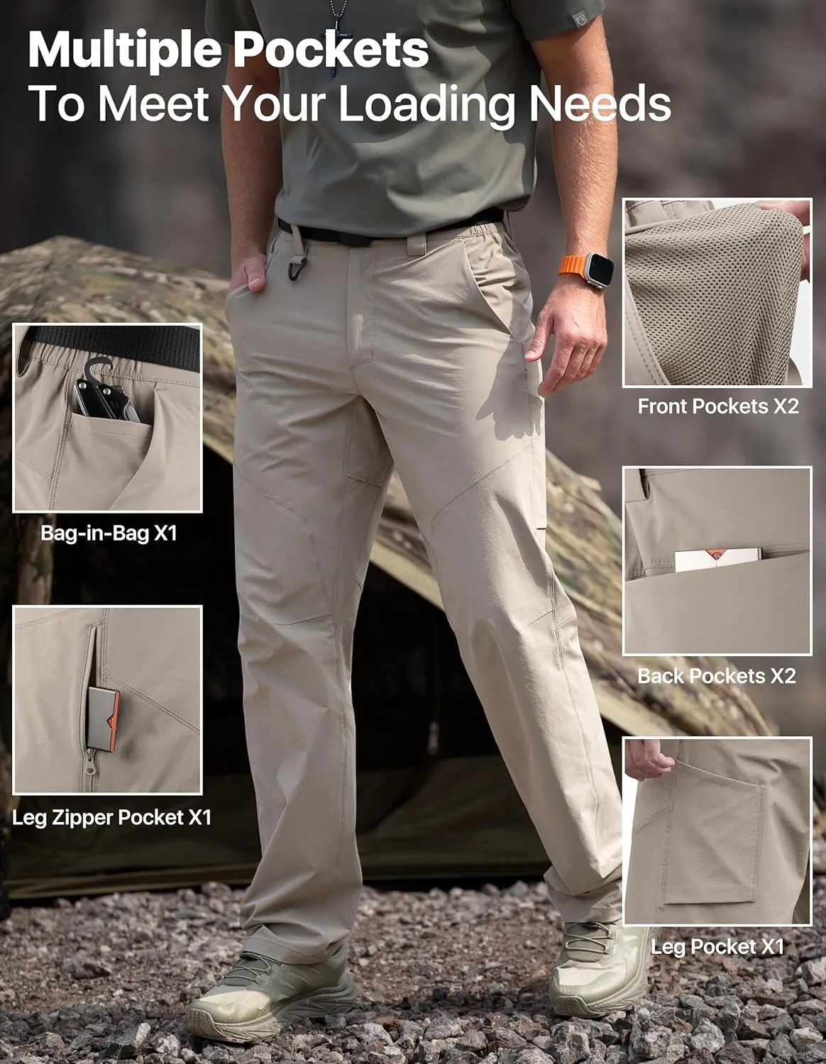 Men's Quick Dry Hiking Pants, Water-Resistant Lightweight Stretch Cargo Pants, Elastic Waist Work Pants with 7 Pockets