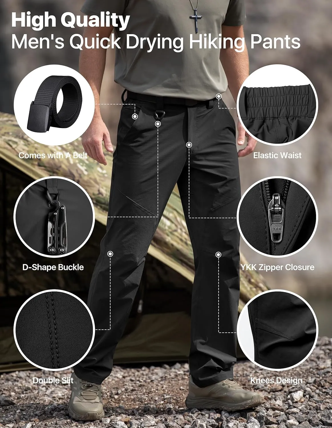 Men's Quick Dry Hiking Pants, Water-Resistant Lightweight Stretch Cargo Pants, Elastic Waist Work Pants with 7 Pockets
