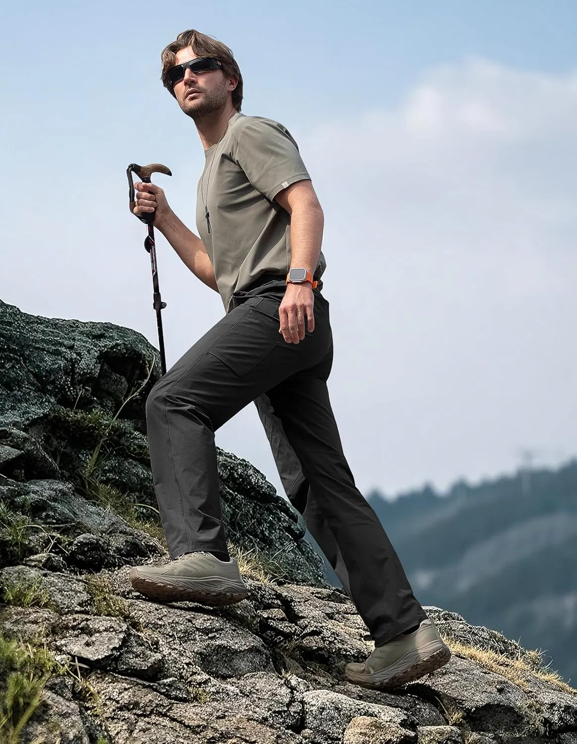 Men's Quick Dry Hiking Pants, Water-Resistant Lightweight Stretch Cargo Pants, Elastic Waist Work Pants with 7 Pockets