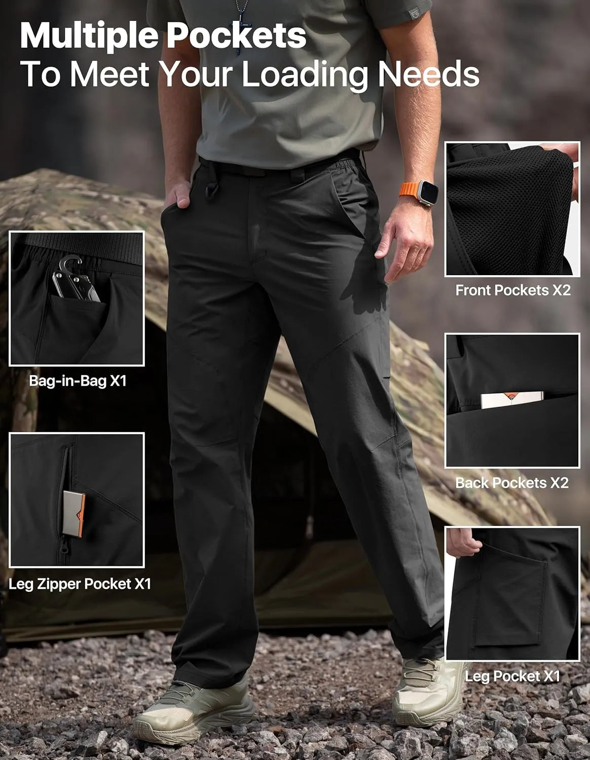 Men's Quick Dry Hiking Pants, Water-Resistant Lightweight Stretch Cargo Pants, Elastic Waist Work Pants with 7 Pockets
