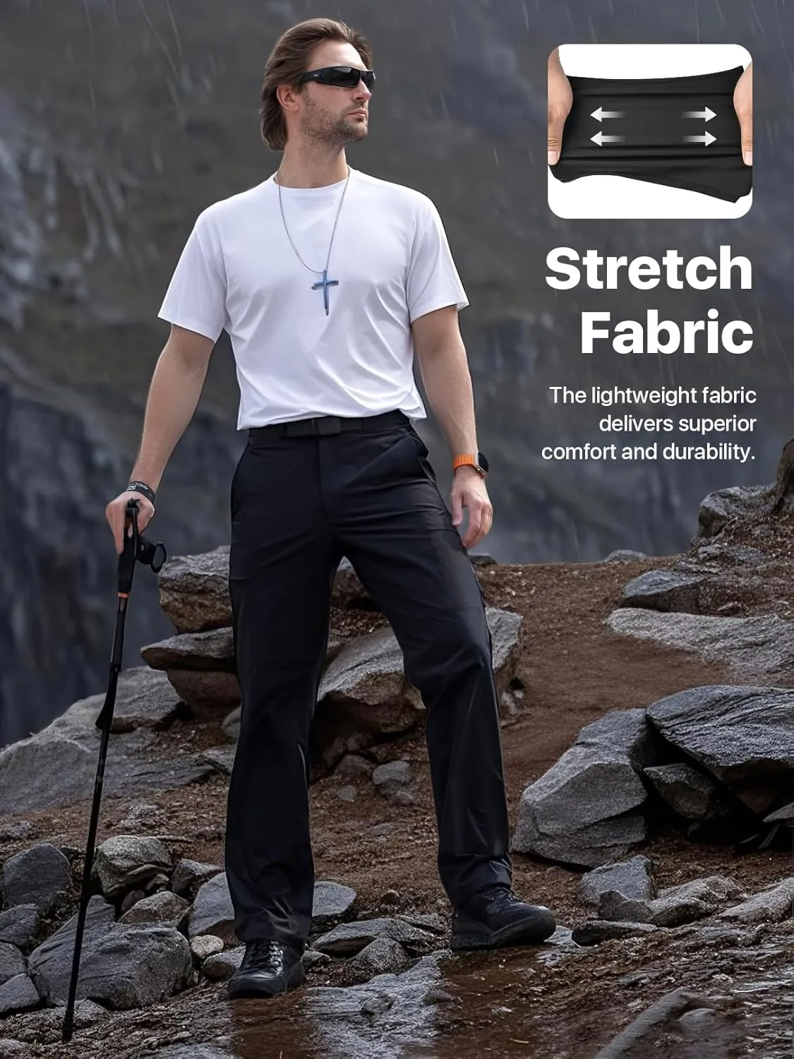 Men's Quick Dry Hiking Work Cargo Pants with Belt Lightweight Water-Resistant Stretch Pants for Fishing Outdoor Casual