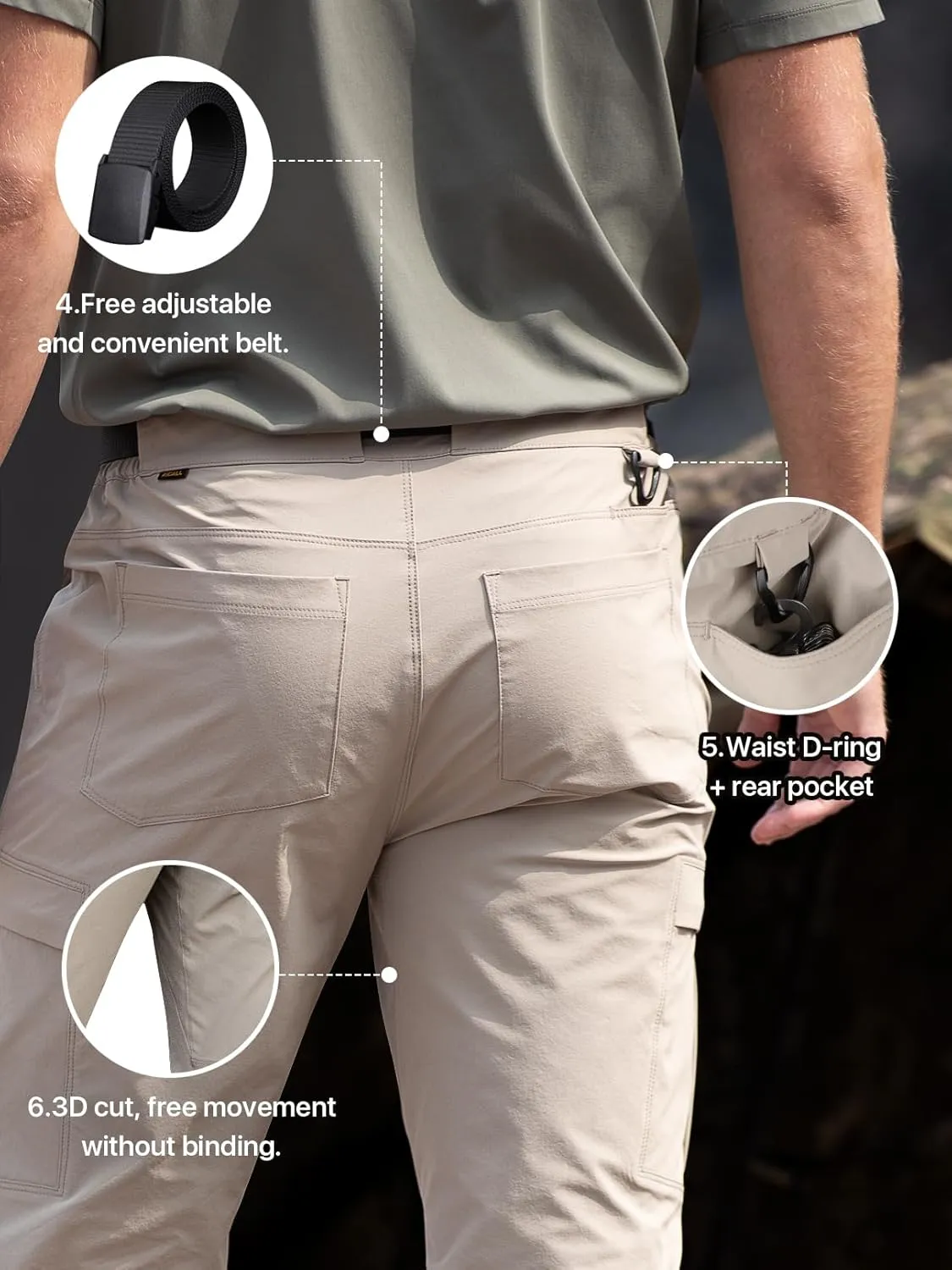 Men's Quick Dry Hiking Work Cargo Pants with Belt Lightweight Water-Resistant Stretch Pants for Fishing Outdoor Casual